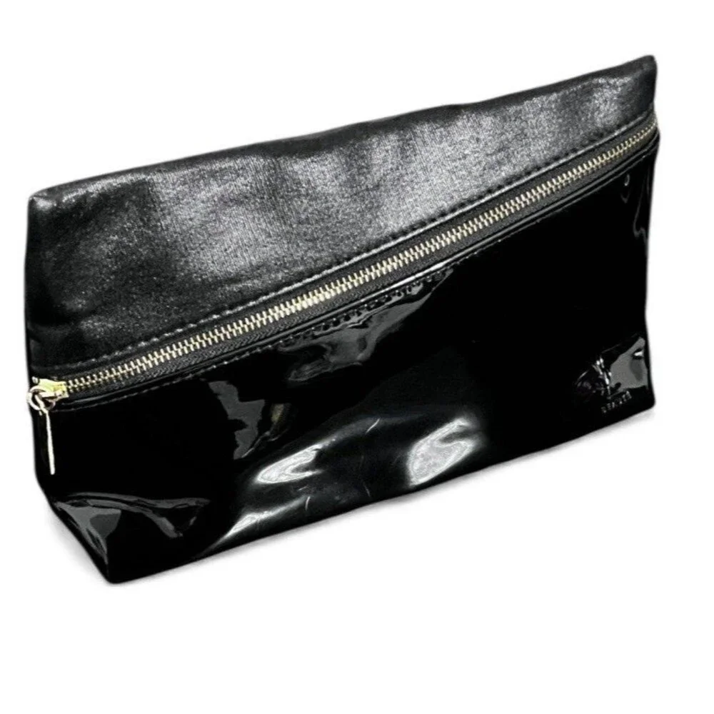 YSL Beauté Black Patent Faux Leather Makeup Bag Asymmetrical Zip Cosmetic Case